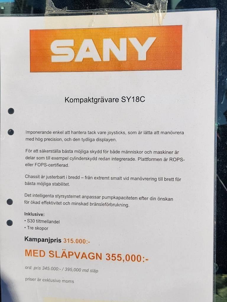 Sany lagerkampanj 1.8 T Med Släp I Lager Minigrävare < 7t